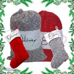 Personalised Luxury Plush Santa Sacks & Stocking Sets. Large Christmas With Name. Deluxe Fluffy Gift Sack Stocking. Red Or Grey