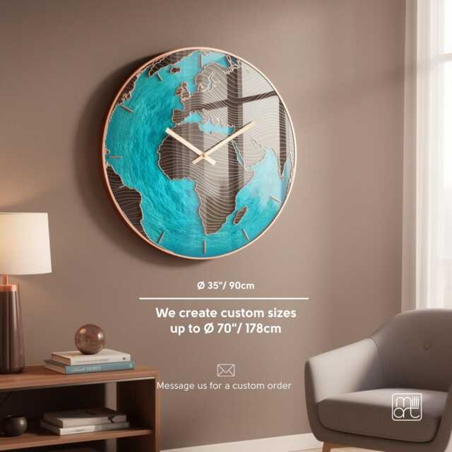Globe Large Wall Clock Personalized Gift Europe & Africa Map Glow in Dark Modern Glass Turquoise Art - image 1