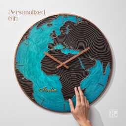 Globe Large Wall Clock Personalized Gift Europe & Africa Map Glow in Dark Modern Glass Turquoise Art - thumbnail 4