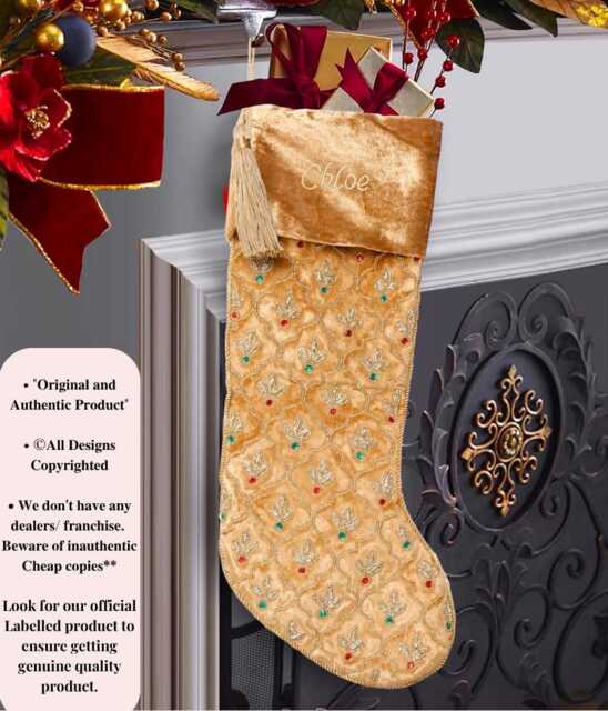 Golden Christmas Stocking Personalised Gold Velvet Intricate Leaf Hand Beaded Christmas Stocking Decorations-Free Personalisation - image 1