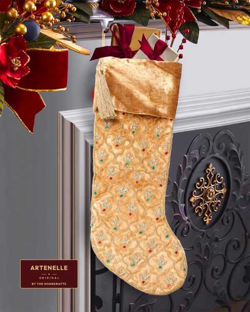 Gold Velvet Christmas Stockings - Personalized Stocking Luxury Leaf Beaded With Name -Handmade Heirloom Fireplace Decor - image 1