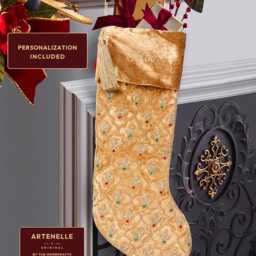 Gold Velvet Christmas Stockings - Personalized Stocking Luxury Leaf Beaded With Name -Handmade Heirloom Fireplace Decor - thumbnail 2