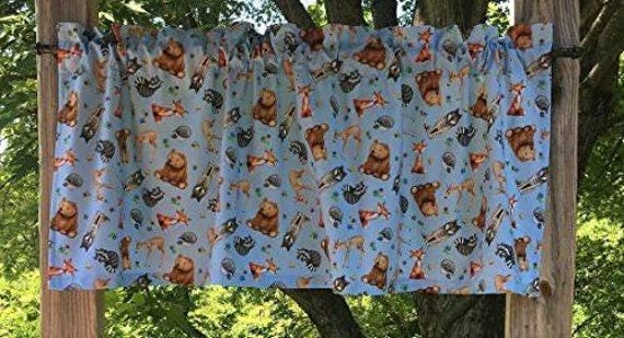 Kitchen Valance - Woodland Forest Wildlife Deer Bear Fox Blue Farmhouse Country Curtain - image 1