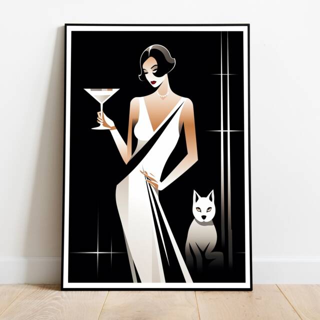 Vintage Style Dressing Room 1920 Decor, Art Deco Girl With Dog Powder Wall Art, Large Cocktail Poster 20S Gift - image 1