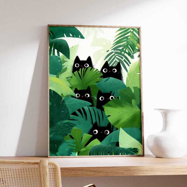 Black Cats Jungle Art Print, Botanical Wall Poster, Modern Cat Lover Gift, Playful Animal Illustration, Colorful Home Decor Print - image 1