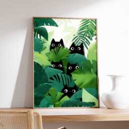 Black Cats Jungle Art Print, Botanical Wall Poster, Modern Cat Lover Gift, Playful Animal Illustration, Colorful Home Decor Print - thumbnail 1
