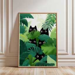 Black Cats Jungle Art Print, Botanical Wall Poster, Modern Cat Lover Gift, Playful Animal Illustration, Colorful Home Decor Print - thumbnail 2