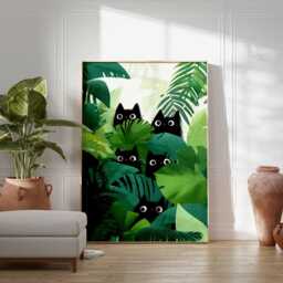 Black Cats Jungle Art Print, Botanical Wall Poster, Modern Cat Lover Gift, Playful Animal Illustration, Colorful Home Decor Print - thumbnail 3
