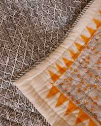 Handmade Block-Printed Cotton Quilt Koloman Moser Design, Reversible Bedspread