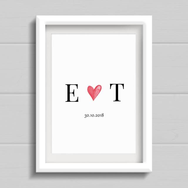 Valentines Day Gift For Him Or Her. Personalised Print Boyfriend, Girlfriend, Fiance, Partner, Husband Wife. Initials With Heart - image 1