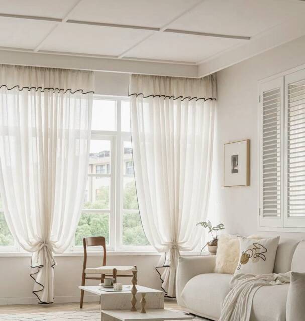 A Pair Of Linen/Cotton Blend Valance Sheer Curtains With Thin Black Trim , Living Room Curtains, Caf?? Curtains, Privacy Curtains, Custom Made - image 1