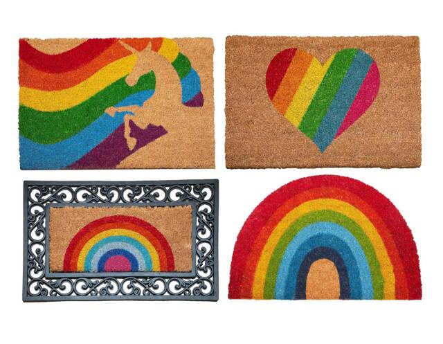Natural Coir Door Mat 40 X 60cm Pride Lgbtq+ Welcome Rug Rainbow Unicorn Heart Multicoloured Print - image 1