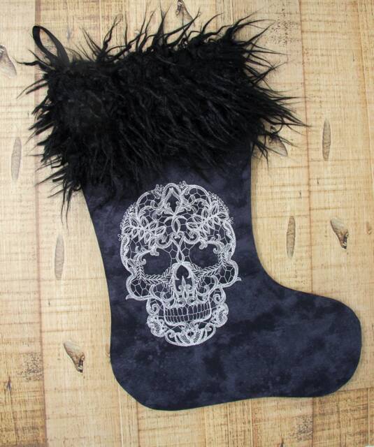 Lace Skull Christmas Stocking, Sugar Skull, Day Of The Dead, Gothic Black Decoration, Personalize - image 1