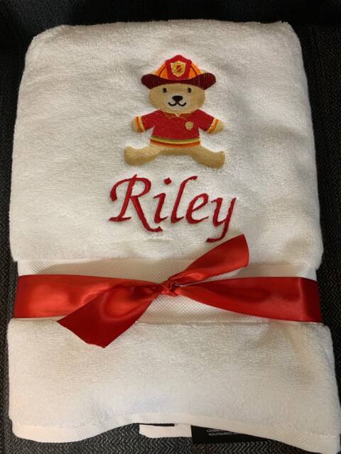 Fireman Bear Name Bath Towel