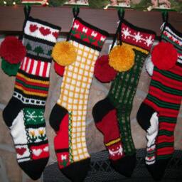 Hand Knit Christmas Stocking Sampler Snowflakes Hearts Trees Flowers Candy Cane Stripe By Santa's Works - thumbnail 4