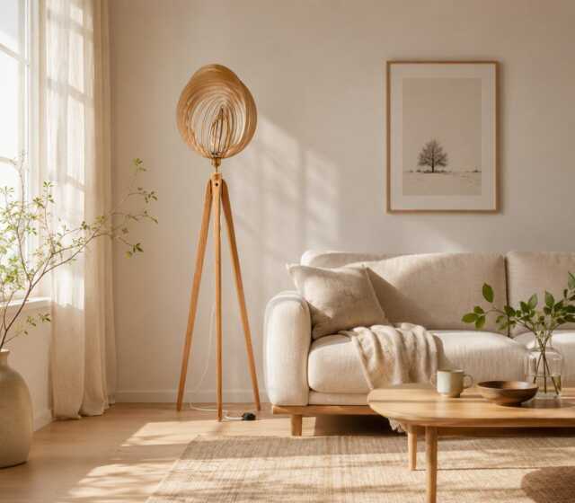 Tripod Floor Lamp With Spiral Wooden Shade - Oak/Beech Stand, 155/169 cm, E27 Brass, Retro Mid-Century - image 1
