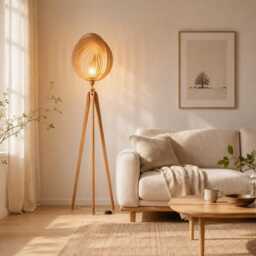 Tripod Floor Lamp With Spiral Wooden Shade - Oak/Beech Stand, 155/169 cm, E27 Brass, Retro Mid-Century - thumbnail 2