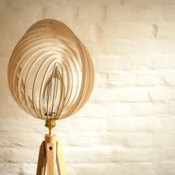 Tripod Floor Lamp With Spiral Wooden Shade - Oak/Beech Stand, 155/169 cm, E27 Brass, Retro Mid-Century - thumbnail 3