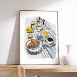 French Breakfast Wall Art Print, Modern Still Life Illustration, Coffee & Croissant Poster, Kitchen Decor, Contemporary Food Artwork - thumbnail 2
