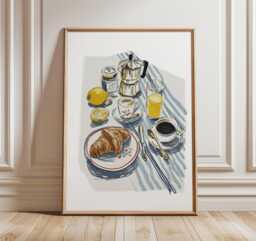 French Breakfast Wall Art Print, Modern Still Life Illustration, Coffee & Croissant Poster, Kitchen Decor, Contemporary Food Artwork - thumbnail 1