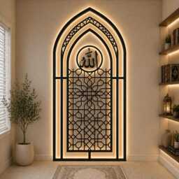 Islamic Arch Wall Art With Allah Calligraphy - Led Backlit Mihrab Design Modern Muslim Home Decor Custom Size & Finish - thumbnail 4