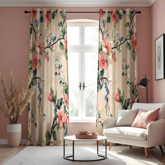 Beige Floral Curtains With Pink Blossoms, Botanical Drapes, Made To Measure Window Panels, Custom Eyelet Or Rod Pocket - image 1