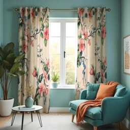 Beige Floral Curtains With Pink Blossoms, Botanical Drapes, Made To Measure Window Panels, Custom Eyelet Or Rod Pocket - thumbnail 3