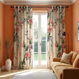 Beige Floral Curtains With Pink Blossoms, Botanical Drapes, Made To Measure Window Panels, Custom Eyelet Or Rod Pocket - thumbnail 2