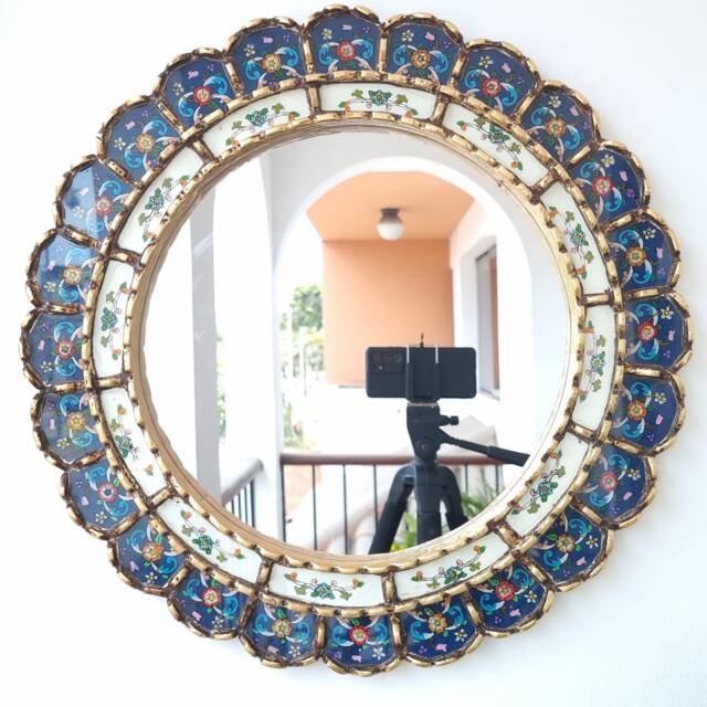 Peruvian Blue Harmonious Mirror 50 cm Handmade Wall Decor - Carved Wood Round Elegant Statement For Living Room Bathroom - image 1