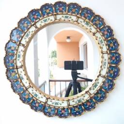 Peruvian Blue Harmonious Mirror 50 cm Handmade Wall Decor - Carved Wood Round Elegant Statement For Living Room Bathroom - thumbnail 1