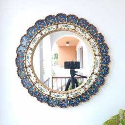Peruvian Blue Harmonious Mirror 50 cm Handmade Wall Decor - Carved Wood Round Elegant Statement For Living Room Bathroom - thumbnail 2