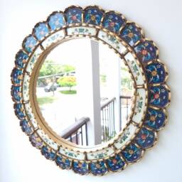 Peruvian Blue Harmonious Mirror 50 cm Handmade Wall Decor - Carved Wood Round Elegant Statement For Living Room Bathroom - thumbnail 3