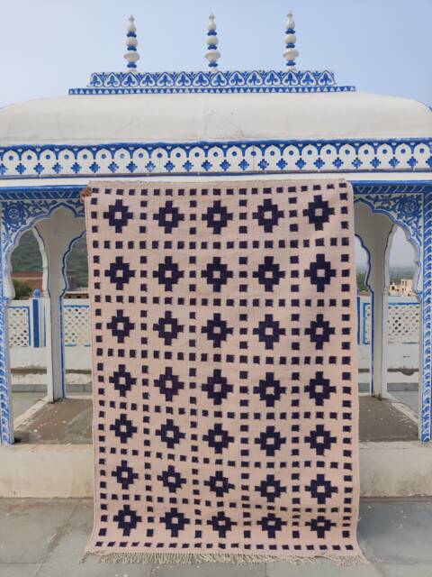 Handwoven Cotton Wool Rug, Blue & White Geometric Flatweave - image 1