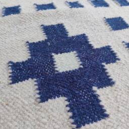 Handwoven Cotton Wool Rug, Blue & White Geometric Flatweave - thumbnail 3