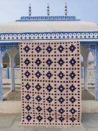 Handwoven Cotton Wool Rug, Blue & White Geometric Flatweave - thumbnail 1