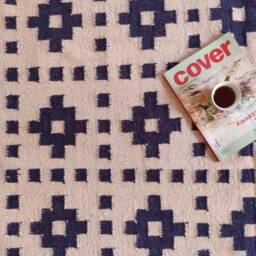 Handwoven Cotton Wool Rug, Blue & White Geometric Flatweave - thumbnail 2