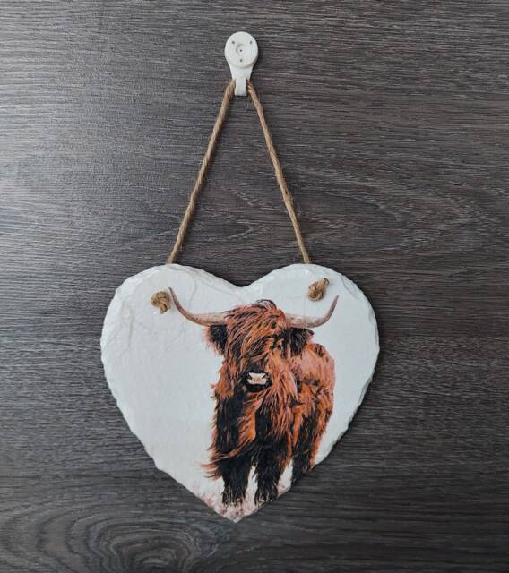 Highland Cow Slate Heart Plaque Handmade Wall Hanging - 15cm - image 1