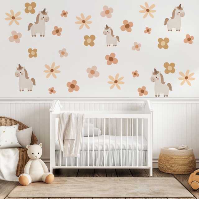 Unicorn Wall Decals Neutral Nursery Decor Floral Stickers Boho Peel & Stick Baby Girl Room - image 1