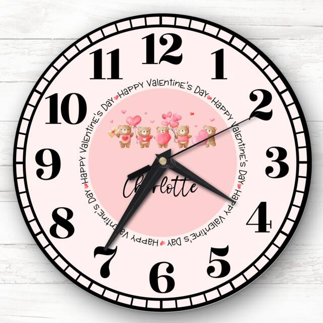 Watercolour Cute Teddy Bears With Hearts Valentine's Gift Personalised Clock - image 1