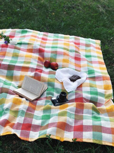 Linen Beach Blanket, Plaid Picnic Blanket - 59x53 Inches - image 1