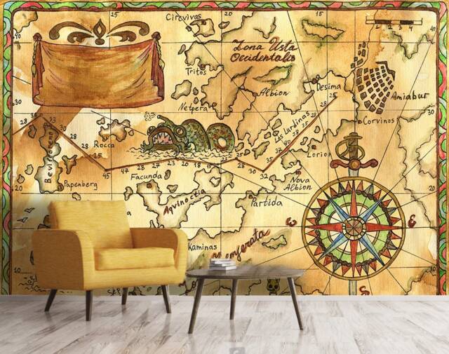 Pirate Map Wallpaper Mural, Sailing Ship Wall Decor, Peel & Stick - image 1