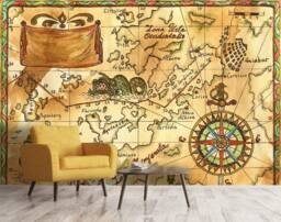 Pirate Map Wallpaper Mural, Sailing Ship Wall Decor, Peel & Stick - thumbnail 1