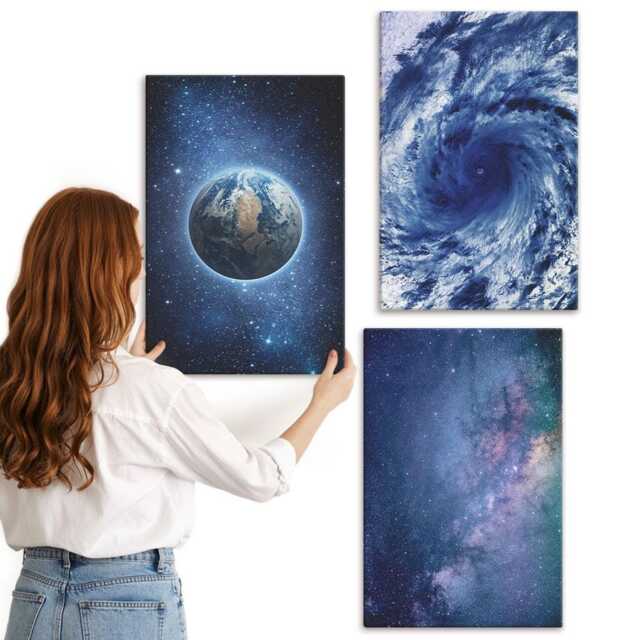 Canvas Set Of 3 - Earth in Space, Storm & Galaxy Stars, Navy Wall Art, Space Astrology Decor - image 1