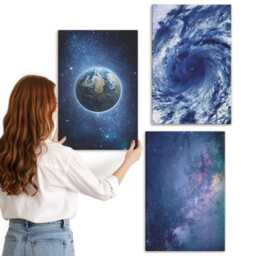Canvas Set Of 3 - Earth in Space, Storm & Galaxy Stars, Navy Wall Art, Space Astrology Decor - thumbnail 1