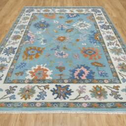 Handmade Oushak Wool Rug, Blue & White Floral Carpet, Custom Size Ar_3302 - thumbnail 3