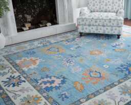 Handmade Oushak Wool Rug, Blue & White Floral Carpet, Custom Size Ar_3302 - thumbnail 1