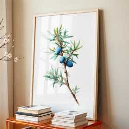 Juniper Branch - Blue Berry Botanical Illustration Print in Cool Greens, Vintage-Inspired Herb & Gin Bar Wall Art - thumbnail 1