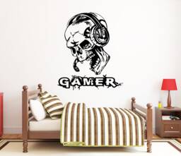 Gamer Skull Wall Decal Video Game Room Decor 123Re - thumbnail 1
