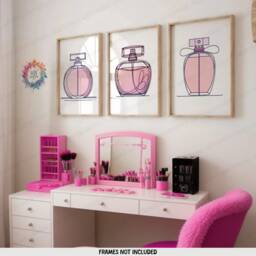 Minimal Perfume Prints - Set Of 3 Posters - Pink & Purple Room Decor Make Up Station Wall Art Perfumes Artwork Girl Bedroom Print A4 - thumbnail 1