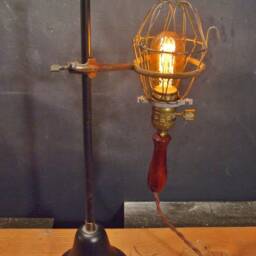 Vintage Industrial Desk Lamp - Trouble Light With Lab Stand Cage Pendant Laboratory Pharmacy Apothecary Lighting - thumbnail 2